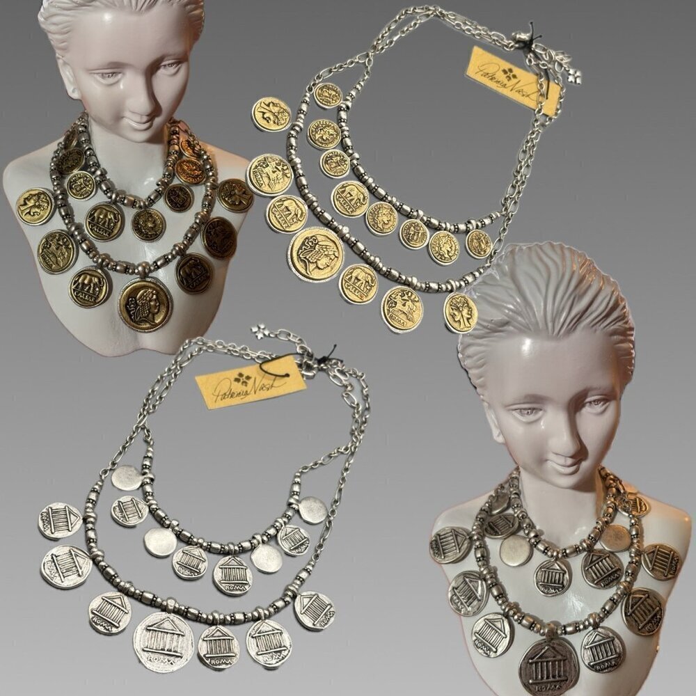 Patricia Nash Reversible Roman Coins Etched Beaded Chain Double Strand Necklace